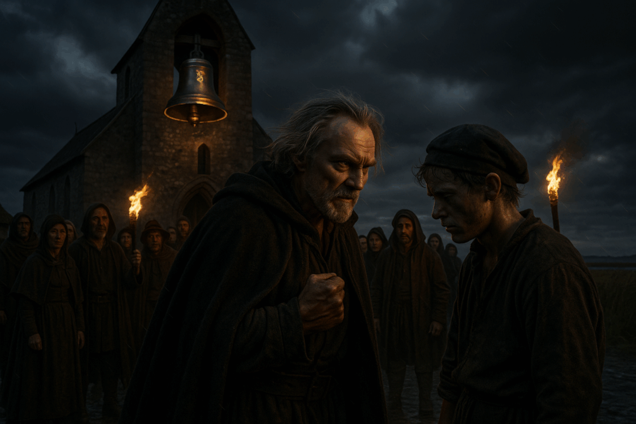 Sturm über Misselwarden: Glockengießer konfrontiert Lehrling – Sage vom Misselwardener Glockenguss.